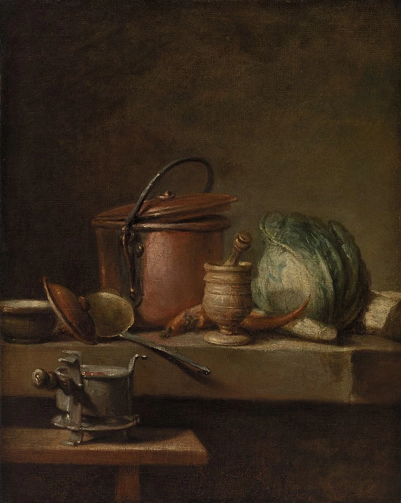 Jean Siméon Chardin - Natura morta con pentola di rame, cavolo, pestello e stufa